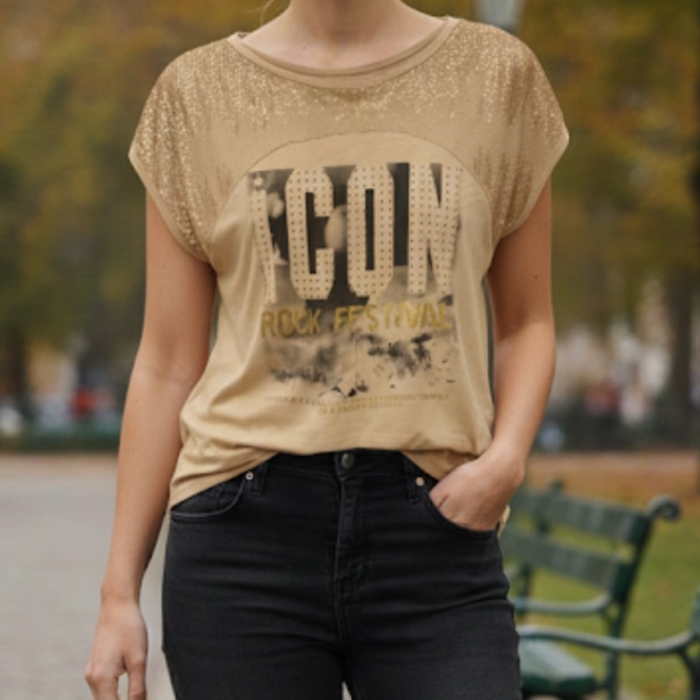 Authentic Icon Gold Sequin Rock Festival Graphic Tee - Size M Dolman Sleeve